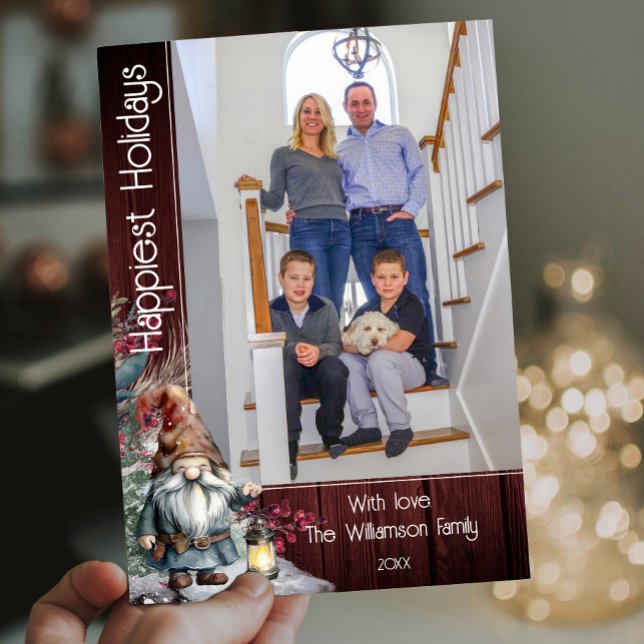 Rustic Watercolor-jultomte - Red Photo Julkort (Red Rustic Watercolor Christmas Gnome Photo Holiday Card)