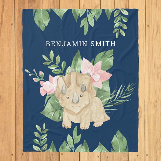 Rustic Watercolor Jungle Triceratops Cute Dinosaur Fleecefilt (Skapare uppladdad)