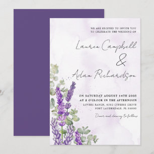 Rustic Watercolor Lavender & Eucalyputus Bröllop Inbjudningar