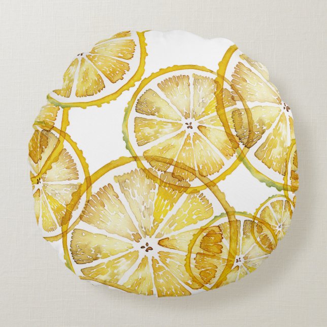 Rustic Watercolor Lemon Slices Mönster Rund Kudde (Framsidan)