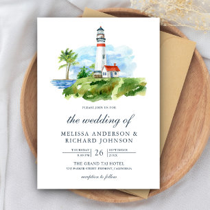 Rustic Watercolor Lighthouse Nautical Bröllop Inbjudningar