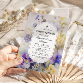 Rustic Watercolor Lila & Gult Christening Inbjudningar