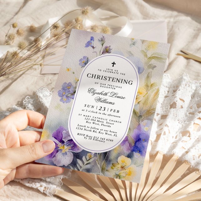 Rustic Watercolor Lila & Gult Christening Inbjudningar (Skapare uppladdad)