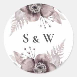 Rustic Watercolor Mauve Blommigt Botanical Bröllop Runt Klistermärke