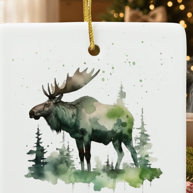 Rustic Watercolor Moose Forest Cabin Keepsake Julgransprydnad Keramik (Skapare uppladdad)