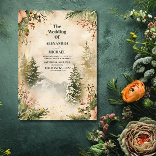 Rustic Watercolor Mountain Forest Winter Wedding Inbjudningar