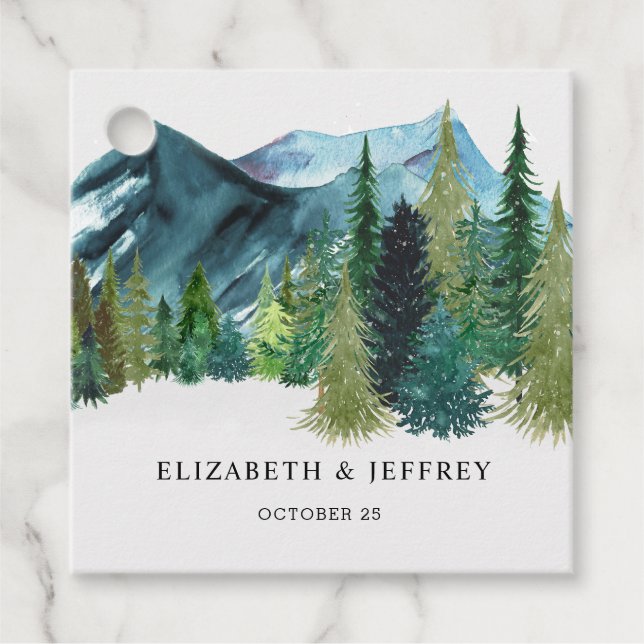 Rustic Watercolor Mountains Gräs Winter Wedding Gåvor Etiketter (Framsida)