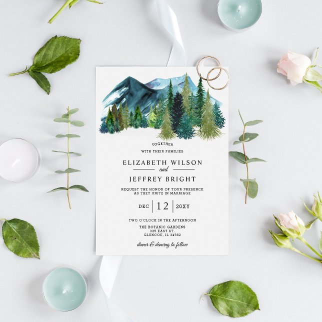 Rustic Watercolor Mountains Gräs Winter Wedding Inbjudningar (Rustic Watercolor Mountains Pine Winter Wedding  Invitation )