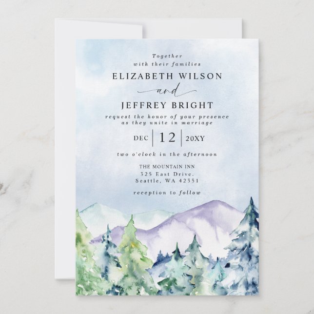 Rustic Watercolor Mountains Gräs Winter Wedding Inbjudningar (Framsida)