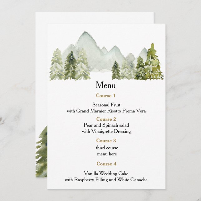 Rustic Watercolor Mountains Gräs Winter Wedding Meny (Fram/baksida)