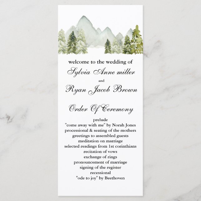 Rustic Watercolor Mountains Gräs Winter Wedding Program (Framsida)