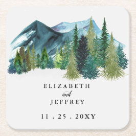 Rustic Watercolor Mountains Gräs Winter Wedding Underlägg Papper Kvadrat