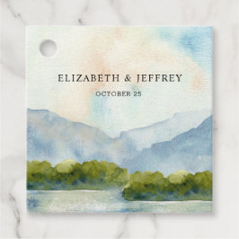 Rustic Watercolor Mountains Sjö Winter Wedding Gåvor Etiketter
