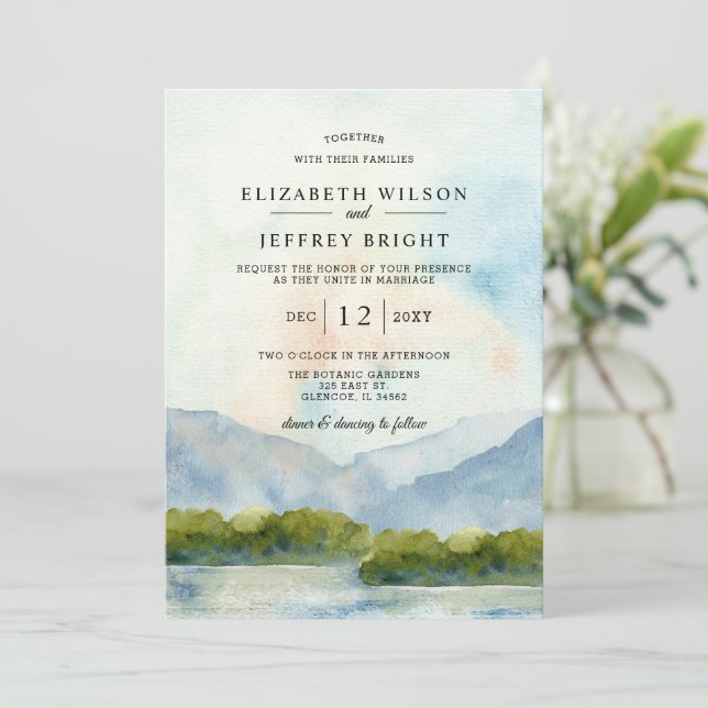 Rustic Watercolor Mountains Winter Wedding Inbjudningar (Stående Fram)