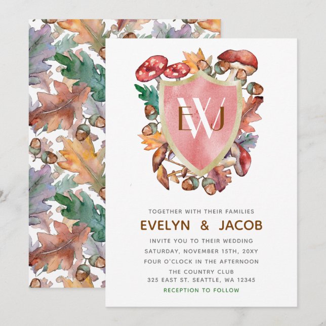 Rustic Watercolor Mushroom Fall Wedding Inbjudningar (Fram/baksida)