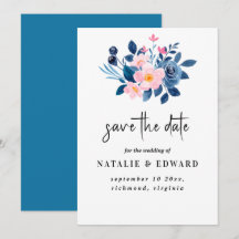 rustic watercolor of a pink & blue floral bouquet