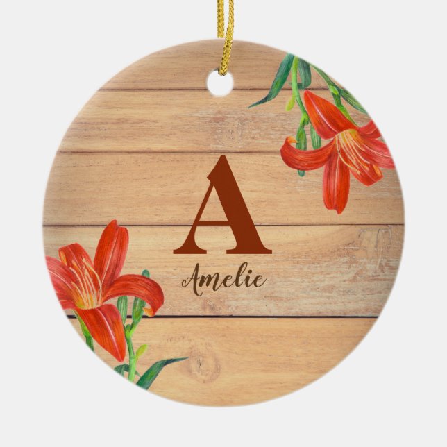 Rustic Watercolor Orange Lily Blommigt Monogram Julgransprydnad Keramik (Framsidan)