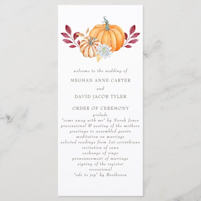 Rustic Watercolor Orange Pumpkins Fall Wedding Program (Framsida)