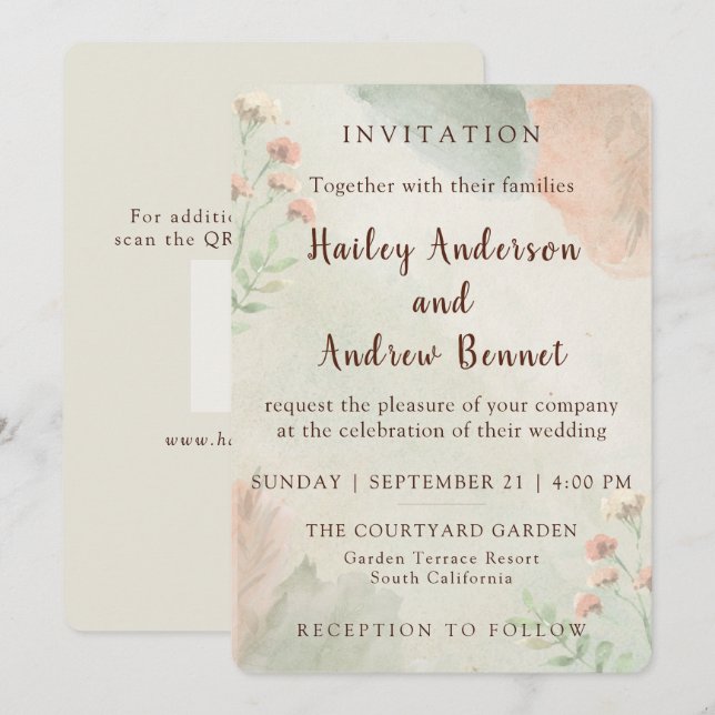 Rustic Watercolor Peach and Green Minimal Wedding Inbjudningar (Fram/baksida)