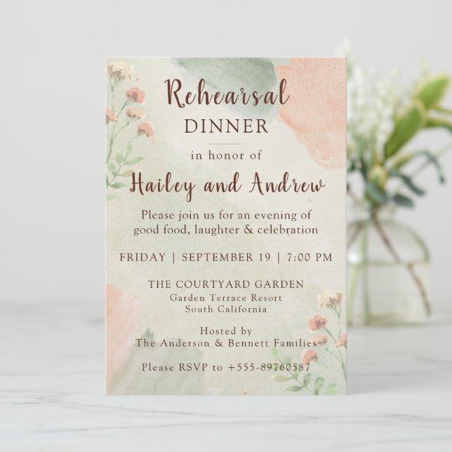 Rustic Watercolor Peach & Green Rehearsal Dinner  Inbjudningar (Stående Fram)