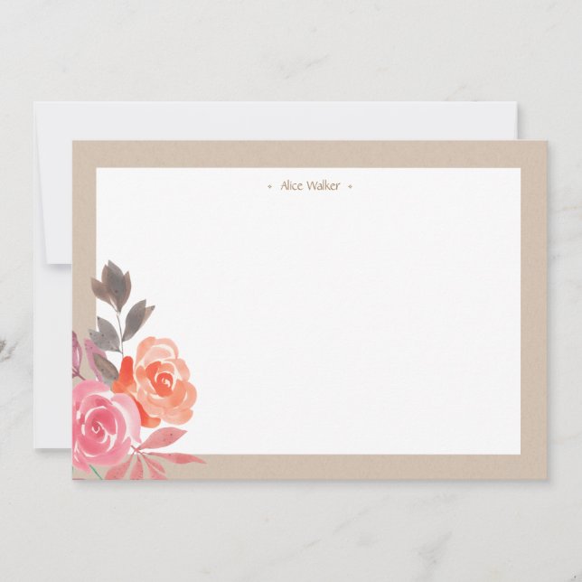 Rustic Watercolor Peonies Kraft Stationery Anteckningskort (Framsida)