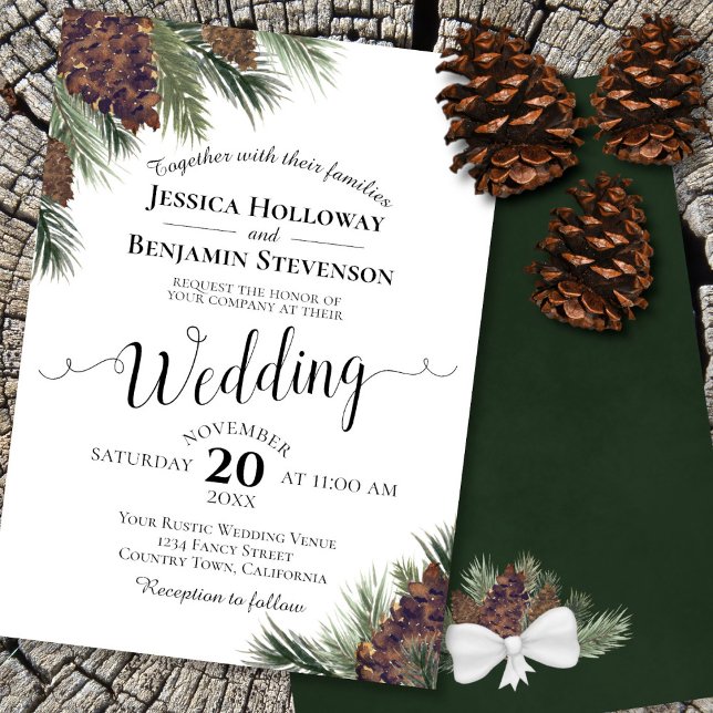 Rustic Watercolor Pinecones Elegant Winter Wedding Inbjudningar (In Situ Front and Back)