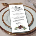 Rustic Watercolor Pinecones Elegant Winter Wedding Meny<br><div class="desc">Den här vackra menyn kommer att lägga lite stil till ditt bröllopsmottagande. Den har en vacker och rustik design med ett kluster av pinekoner och stift, fir eller spruce-grenar som är bundet med en vit satängbuk. Det finns utrymme för namn från paret och bröllop, och texten är helt anpassade. Baksidan...</div>