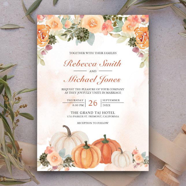 Rustic Watercolor Pumpkin Blommigt Fall Wedding Inbjudningar (Skapare uppladdad)