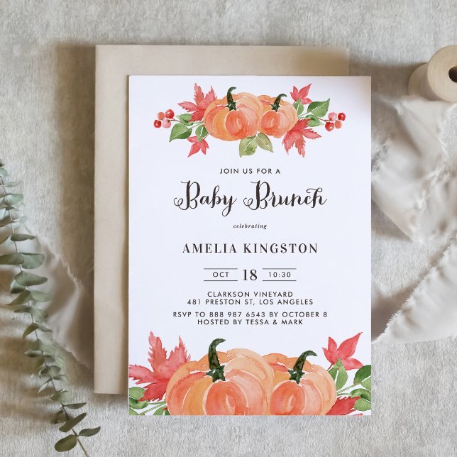 Rustic Watercolor Pumpkins Fall Baby Brunch Inbjudningar (Skapare uppladdad)