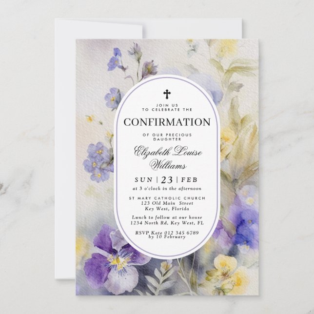 Rustic Watercolor Purple & Yellow Confirmation Inbjudningar (Framsida)