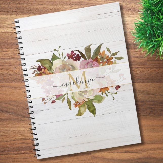 Rustic Watercolor Rose Bouquet Monogram Anteckningsbok (Skapare uppladdad)