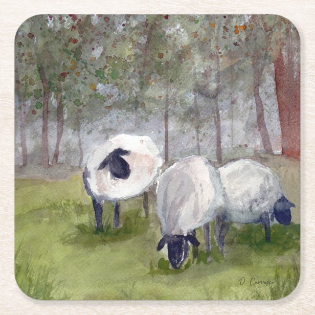 Rustic Watercolor Sheep Underlägg Papper Kvadrat (Framsidan)