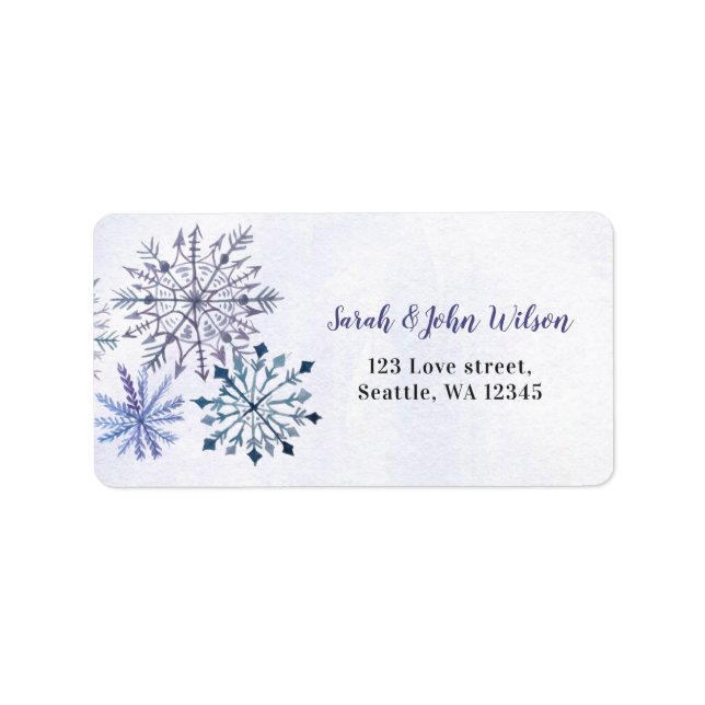 Rustic Watercolor Snöflingor Blue Winter Wedding Adressetikett (Framsidan)