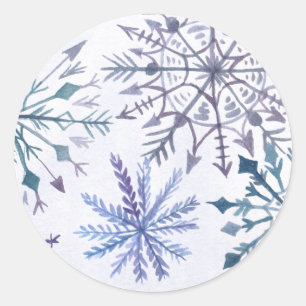 Rustic Watercolor Snöflingor Blue Winter Wedding Runt Klistermärke