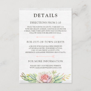 Rustic Watercolor Succulent Details/Directions Tilläggskort