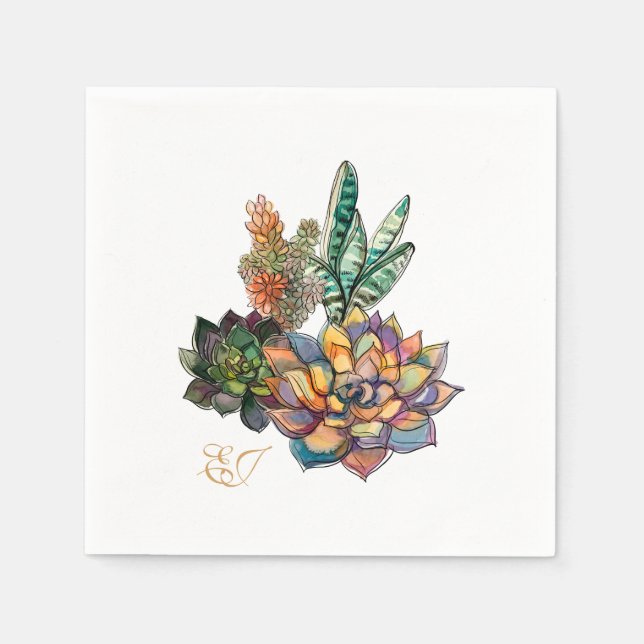 Rustic Watercolor Succulent Initialer Pappersservett (Framsidan)