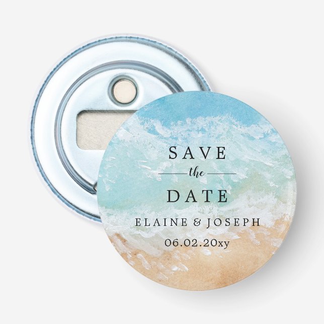Rustic Watercolor Summer Sea Beach Wedding Flasköppnare (Framsidan)