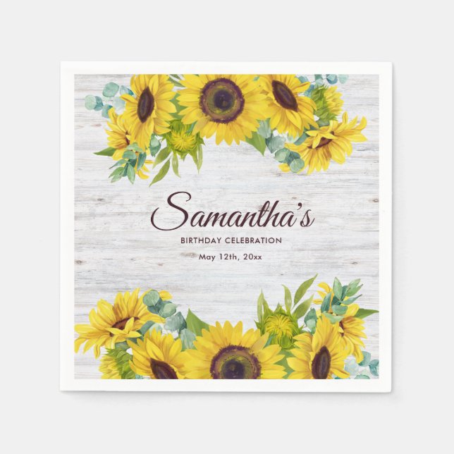 Rustic Watercolor Sunflower Birthday Party  Pappersservett (Framsidan)