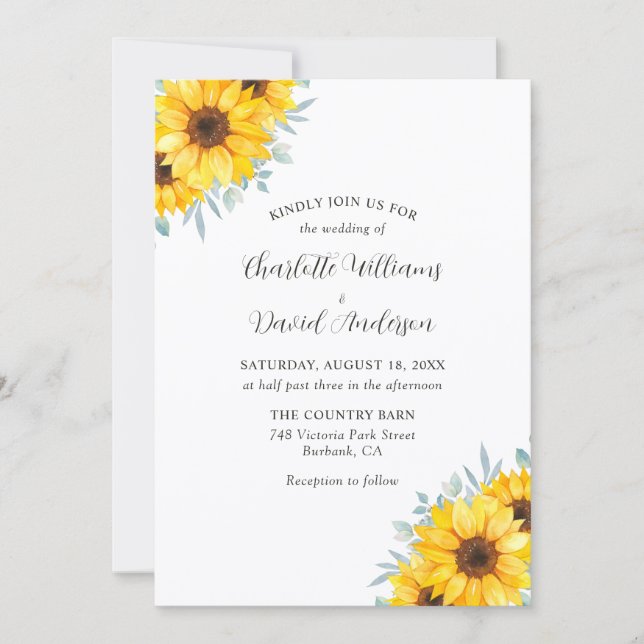 Rustic Watercolor Sunflower Greenery Wedding Inbjudningar (Framsida)