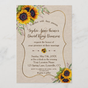 Rustic Watercolor Sunwers Linen Canvas Bröllop Inbjudningar
