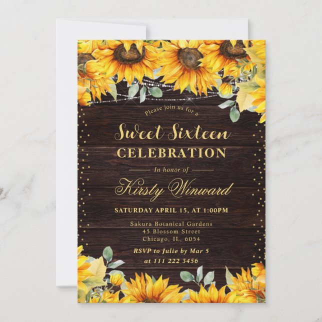 Rustic Watercolor Sunwers Sweet 16 Inbjudningar (Framsida)