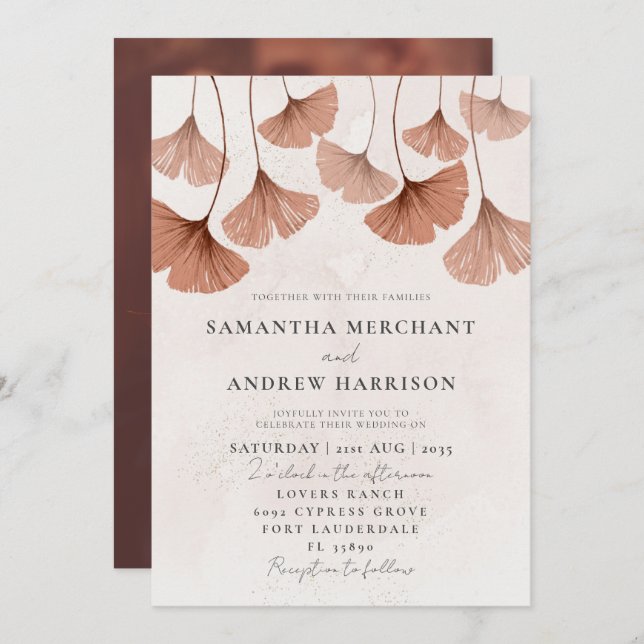 Rustic Watercolor Terracotta Ginkgo Bröllop Inbjudningar (Fram/baksida)