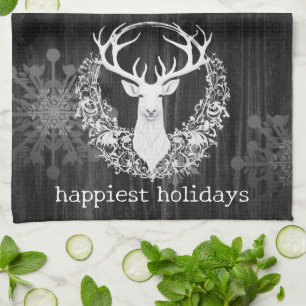 Rustic Watercolor White Reindeer Kökshandduk