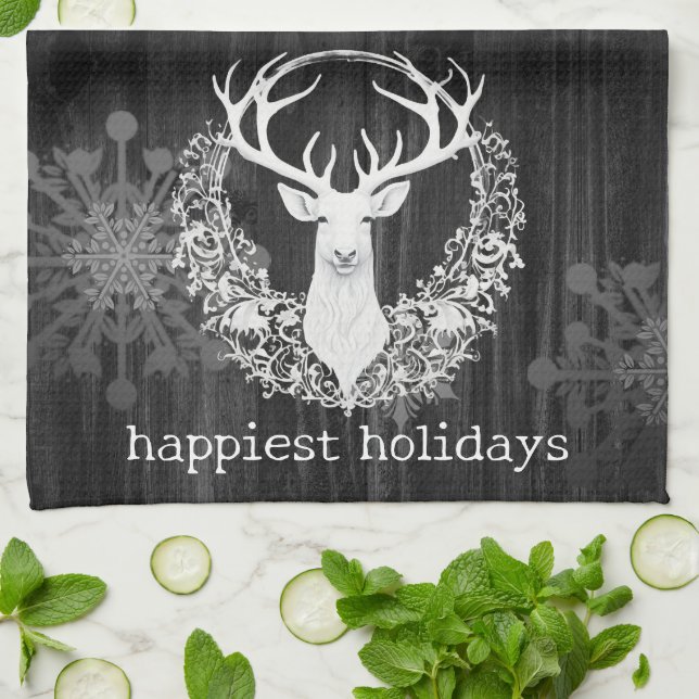 Rustic Watercolor White Reindeer Kökshandduk (Vikta)