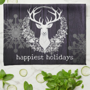 Rustic Watercolor White Reindeer   Lila Kökshandduk