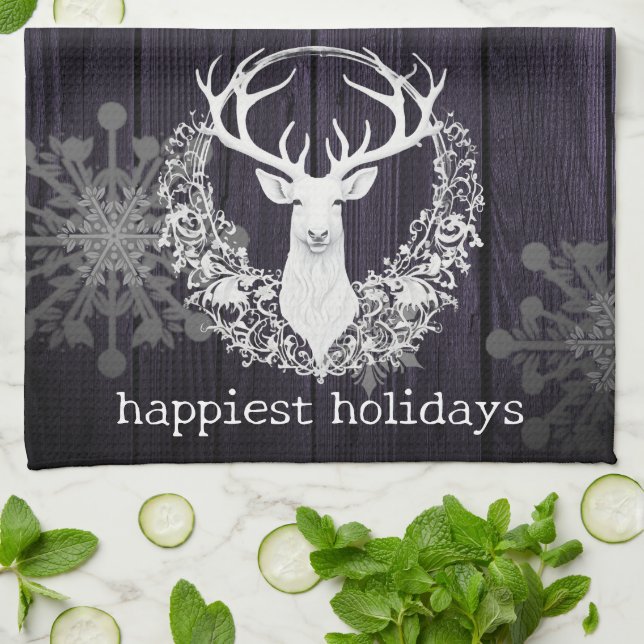 Rustic Watercolor White Reindeer | Lila Kökshandduk (Vikta)