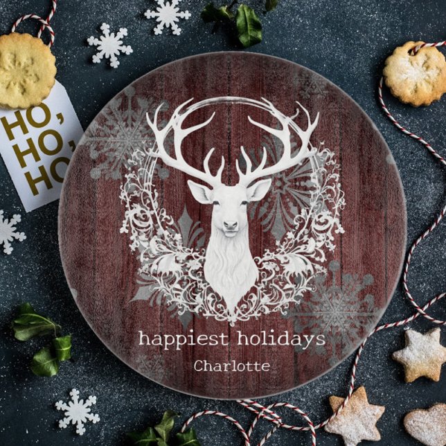 Rustic Watercolor White Reindeer Personlig Red (Red Rustic Watercolor White Reindeer Cutting Board)