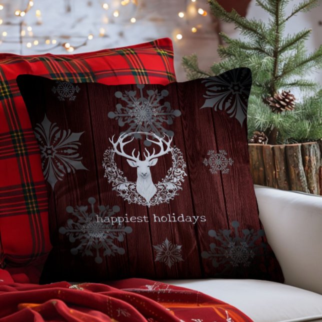 Rustic Watercolor White Reindeer | Röd Kudde (Red Rustic Watercolor White Reindeer Throw Pillow)