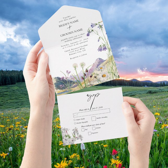 Rustic Watercolor Wildblomberget Bröllop (Rustic Watercolor Wildflower Mountain Wedding All In One Invitation)