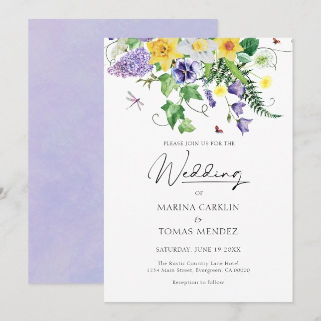 Rustic Watercolor Wildblomma Bröllop Inbjudningar (Fram/baksida)